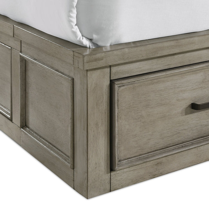 Lit plateforme de rangement Levi en bois avec tête de lit et cadre de lit, gris bois de grève - format très grand lit
