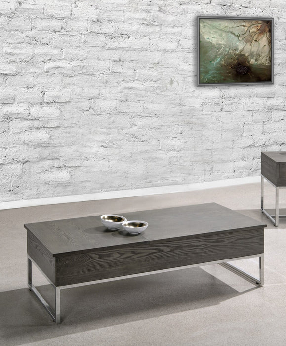 Table à café moderne Echo de 47,25 po avec dessus relevable et rangement - brune avec pattes en métal argenté