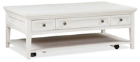 Table à café traditionnelle Heron Cove de 50 po avec rangement, tablette et roulettes - pin blanc