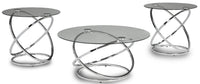 Ensemble 3 tables rondes somptueuses Hollynx de 38 po (table à café et 2 tables de bout) - base en métal argenté avec dessus en verre