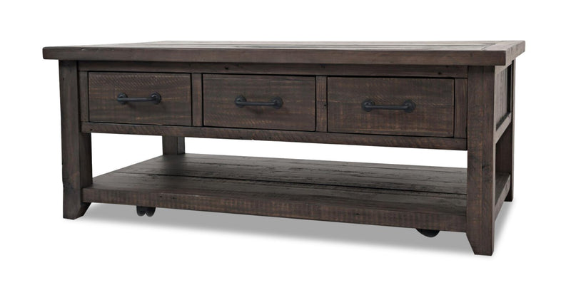 Table à café rustique Morgan de 48 po avec rangement, tablette et roulettes - brun foncé avec bois recyclé