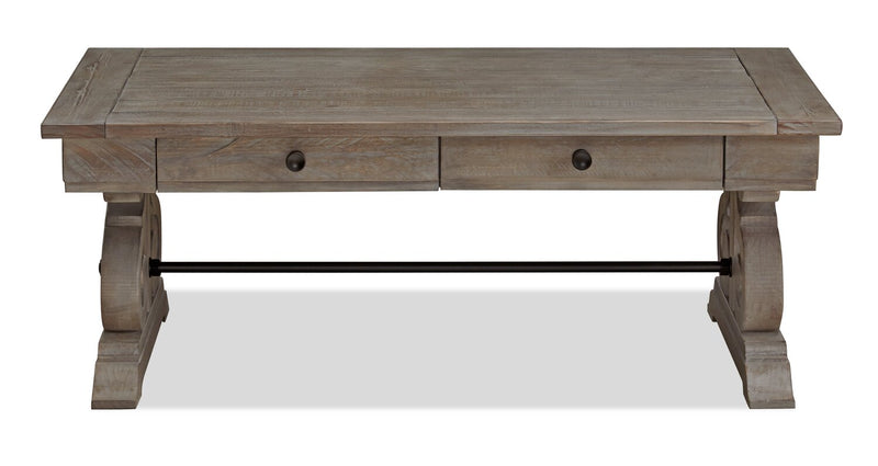 Table à café traditionnelle Tinley Park de 50 po avec rangement et tablette - pin gris-brun avec base à volutes