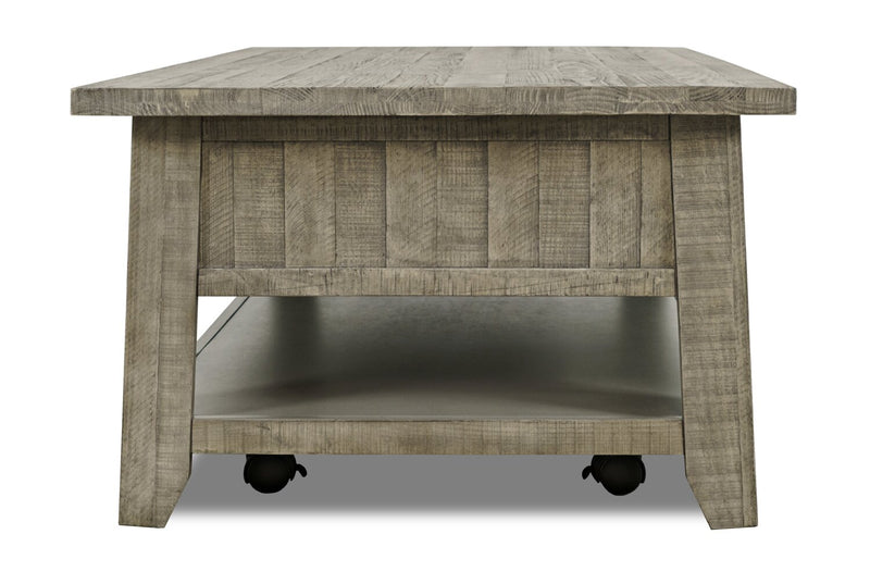 Table à café rustique Colson de 50 po avec rangement, tablette et roulettes - bois de grève 