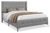 Zara Upholstered Bed in Grey Linen-Look Fabric - Button Tufted - Queen Size | Lit rembourré Zara en tissu d’apparence lin gris avec capitonnage à boutons - format grand lit