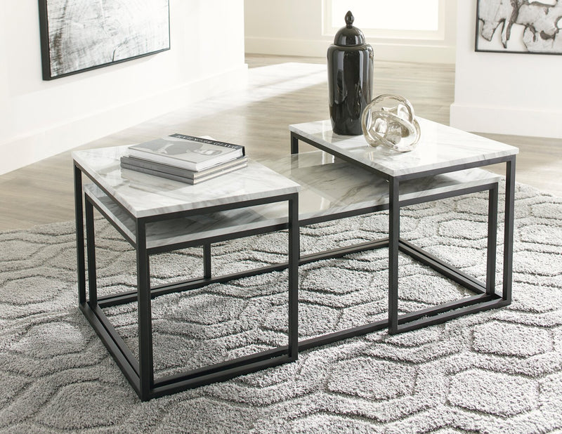 Ensemble 3 tables modernes Donnesta de 46 po (table à café et 2 tables de bout) - imitation de marbre avec armature en métal noir