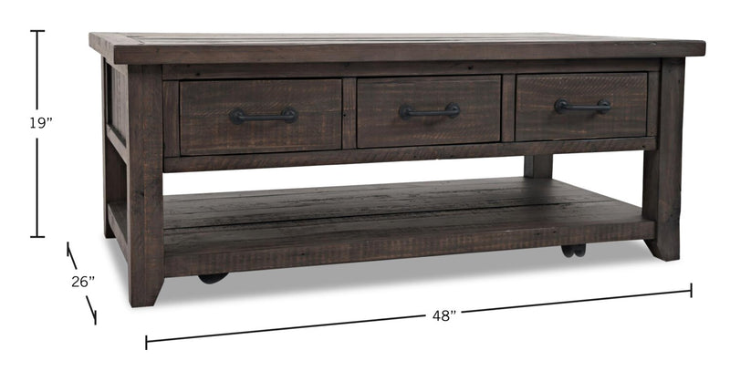 Table à café rustique Morgan de 48 po avec rangement, tablette et roulettes - brun foncé avec bois recyclé