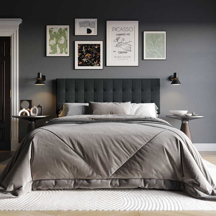 Tête de lit rembourrée Ellis en tissu anthracite avec capitonnage à boutons - format grand lit