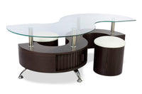 Ensemble 3 articles modernes en forme de S Savon de 52,5 po (table à café et 2 poufs) avec rangement et tablette - bois noyer foncé et chrome