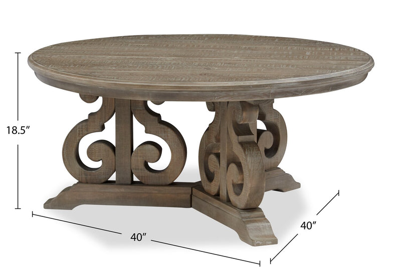 Table à café ronde traditionnelle Tinley Park de 40 po - pin gris-brun avec base à volutes