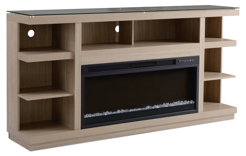 Meuble pour téléviseur moderne Axel de 74 po avec foyer électrique, rangement et système de gestion des câbles pour téléviseurs jusqu’à 85 po - taupe