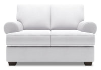 Causeuse Roll de Sofa Lab de 64 po fabriquée au Canada en tissu d’apparence lin avec accoudoirs enroulés - blanc Pax Ice