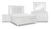 Ensemble de chambre à coucher Max 6 pièces somptueux avec lit de rangement, commode, miroir, table de nuit et éclairage à DEL, blanc - format grand lit