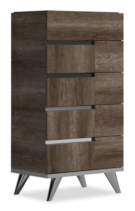 Commode verticale de chambre à coucher Gino à 5 tiroirs - fabriquée en Italie, 25 po (L) x 49 po (H) - brune