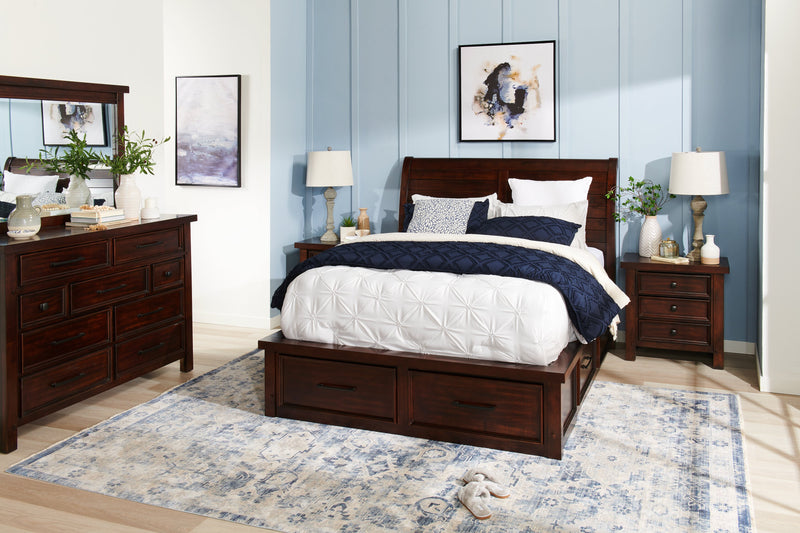 Ensemble de chambre à coucher Sonoma 6 pièces avec lit de rangement, commode, miroir et table de nuit, brun manguier - format grand lit