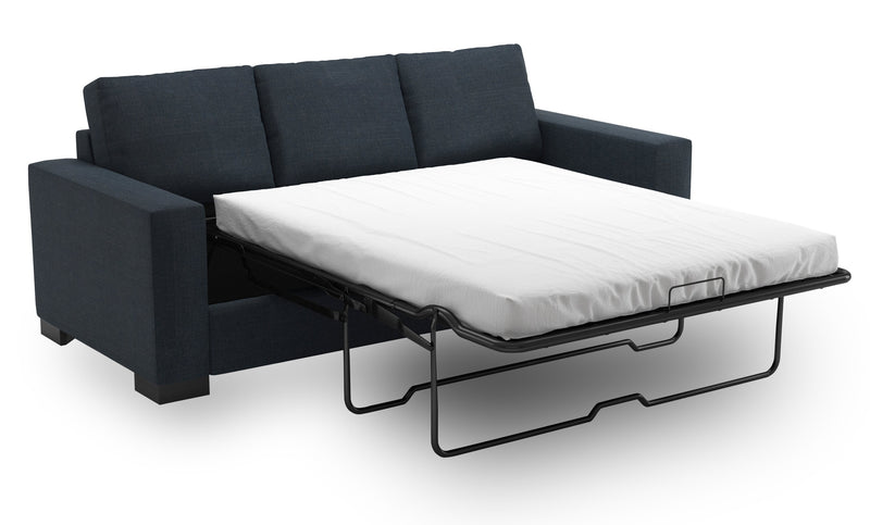 Sofa-lit personnalisable Track de Sofa Lab de 85 po fabriqué au Canada en tissu d’apparence lin avec accoudoirs rectilignes - bleu Luna Sailor