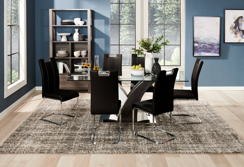 Ensemble de salle à manger Tuxedo 7 pièces avec table de 72 po (L), dessus en verre, base piédestal et 6 chaises - noir