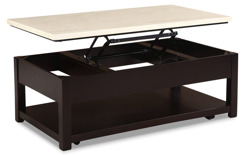 Table à café moderne Sicily de 48 po avec dessus relevable, rangement, tablette et roulettes - base brun foncé avec en imitation de marbre beige