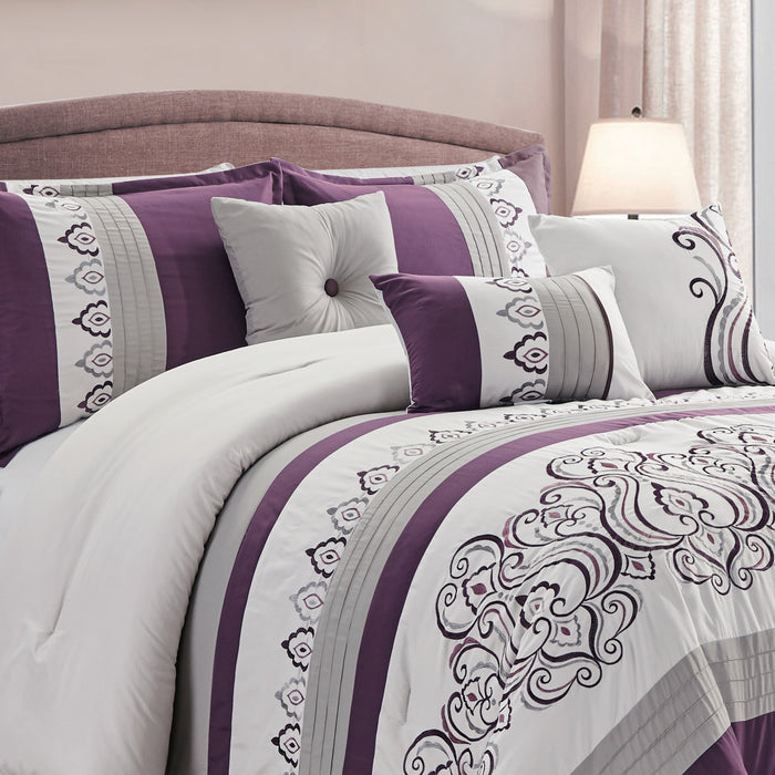 Ensemble d'édredon Venice 7 pièces pour grand lit - violet et blanc