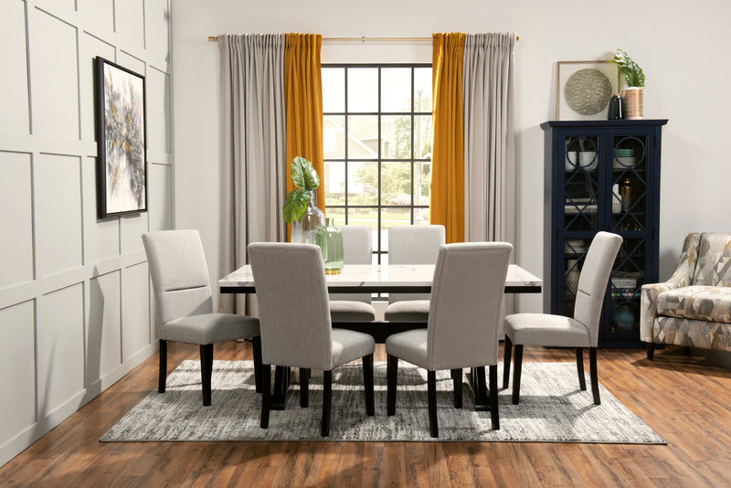 Ensemble de salle à manger Verona 7 pièces avec table de 70 po (L), dessus en marbre synthétique, base à tréteaux et 6 chaises - blanc
