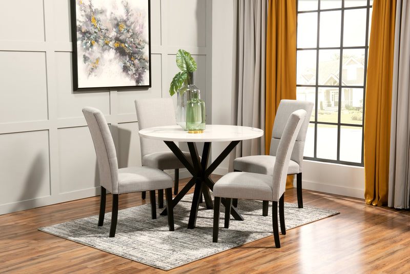 Table de salle à manger ronde Verona de 42 po (L) en métal avec dessus en marbre synthétique et base géométrique - blanche