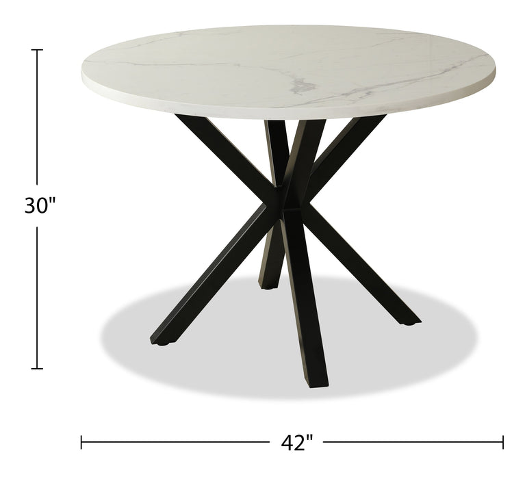 Table de salle à manger ronde Verona de 42 po (L) en métal avec dessus en marbre synthétique et base géométrique - blanche